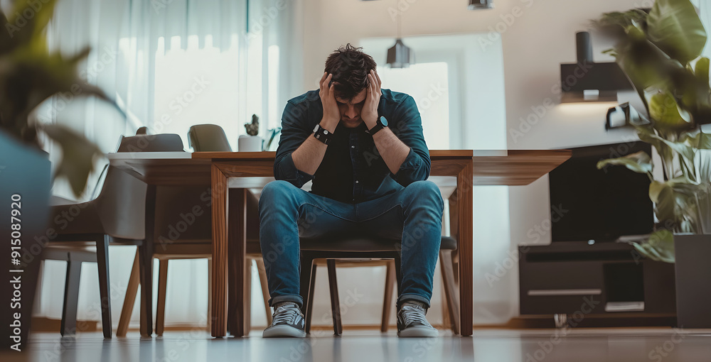 A Man Sitting at the Table Holding His Head in Despair A Man Sitting at the Table Holding His Head in Despair