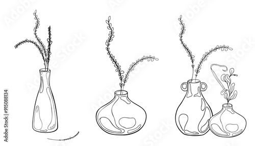 Branch with leaves in various vases set vector graphic illustration isolated. Pot ceramic and greenery in black white line hand drawn. Pottery vase contour ink painted. For ceramic class, modeling
