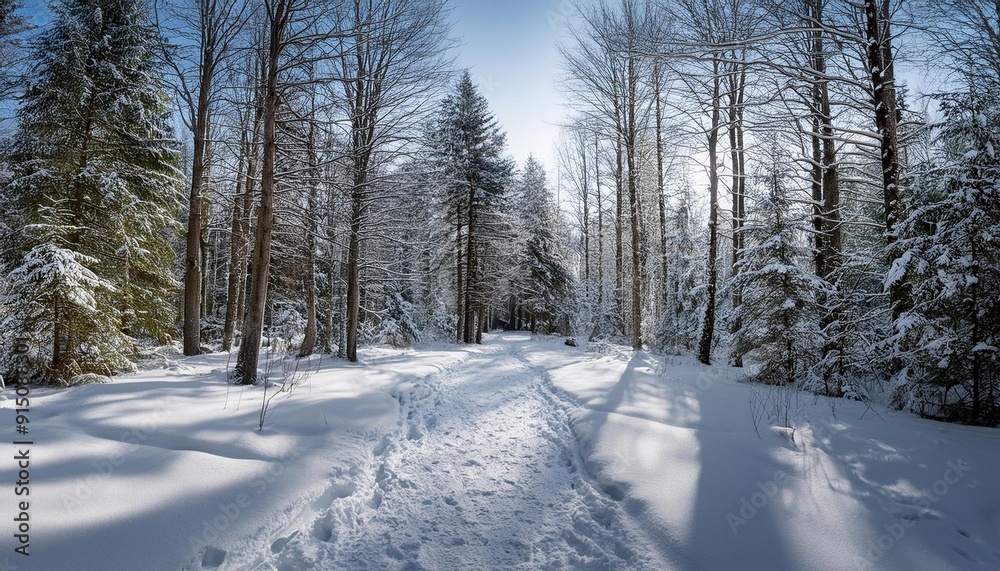 Snow-covered trail through woods Snow-covered trail through woods