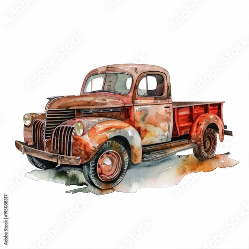 Watercolor painting of an old pickup truck, on isolated white background