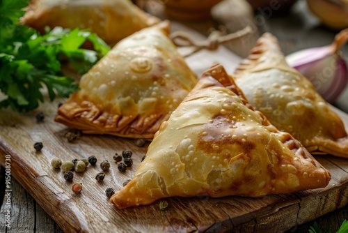 Indian Samosa Closeup, Samsa Stuffed with Beef and Onion, Traditional Uzbek Veal Meat Pies photo