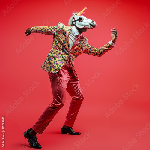 Freak in horse mask dancing, masquerade, absurd carnival, having fun in costume party, weird mask head