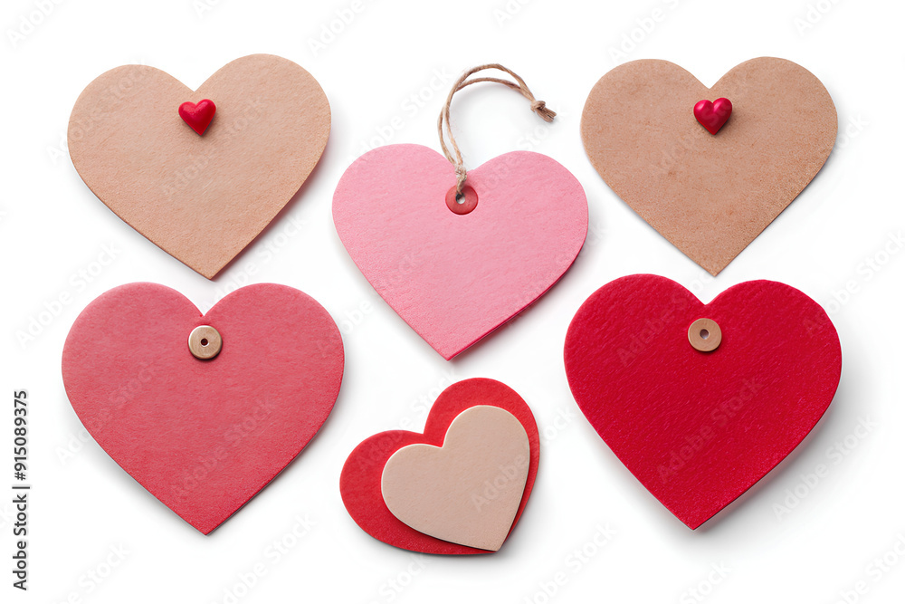 Set of heart shapes paper, Mock up blank tags labels, isolated on white background, Top view Set of heart shapes paper, Mock up blank tags labels, isolated on white background, Top view