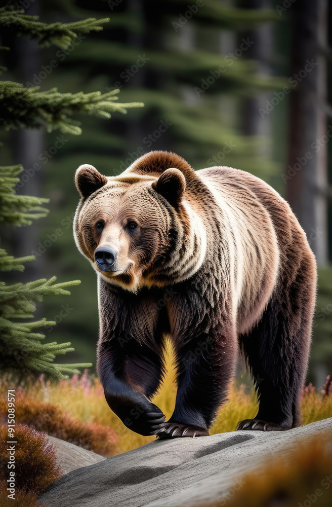 Obraz premium North American brown grizzly bear in forest. Wild life predator in its natural environment
