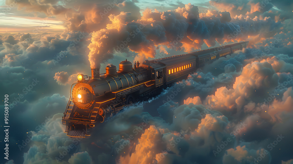 A magical train traveling through the clouds A magical train traveling through the clouds