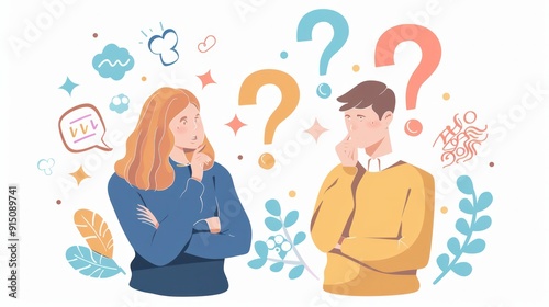 A woman and a man are looking at each other with a puzzled expression