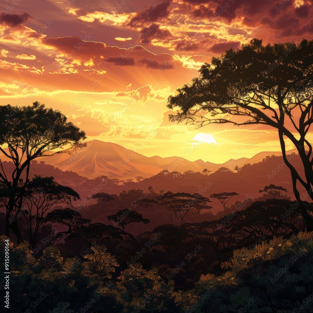 Jungle Silhouette with Mountains, Wild Africa Nature on Golden Cloudy Sunset Background Jungle Silhouette with Mountains, Wild Africa Nature on Golden Cloudy Sunset Background