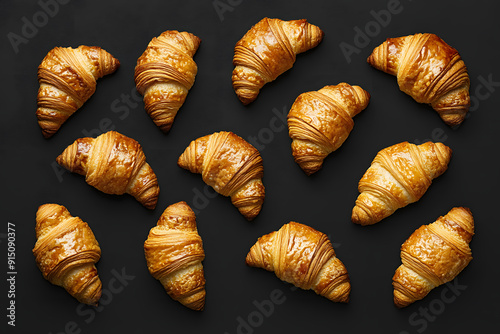 Golden croissants on black background. Minimalist design with negative space for text.