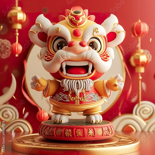 A Cheerful Chinese Lion Dance Mascot with Lanterns. photo