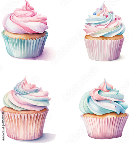 Cupcakes Watercolor Design Vector Illustration.