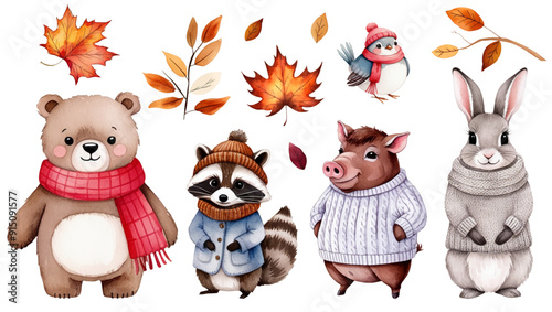 Set of watercolor woodland animals in warm clothes. Autumnal leaves. Bear, boar, hare, raccoon