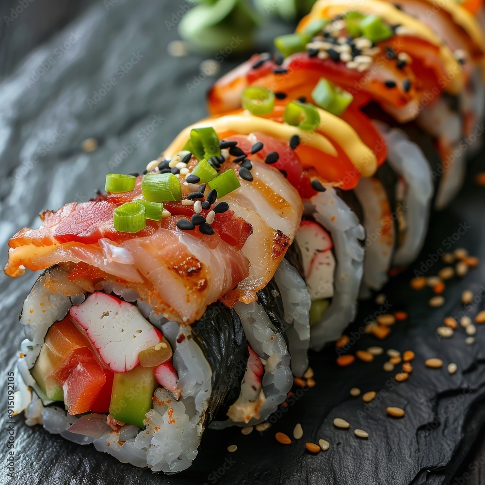 Chicken Uramaki Sushi with Bacon, Processed Cheese, Tomato, Green Onion, Black and White Chicken Uramaki Sushi with Bacon, Processed Cheese, Tomato, Green Onion, Black and White