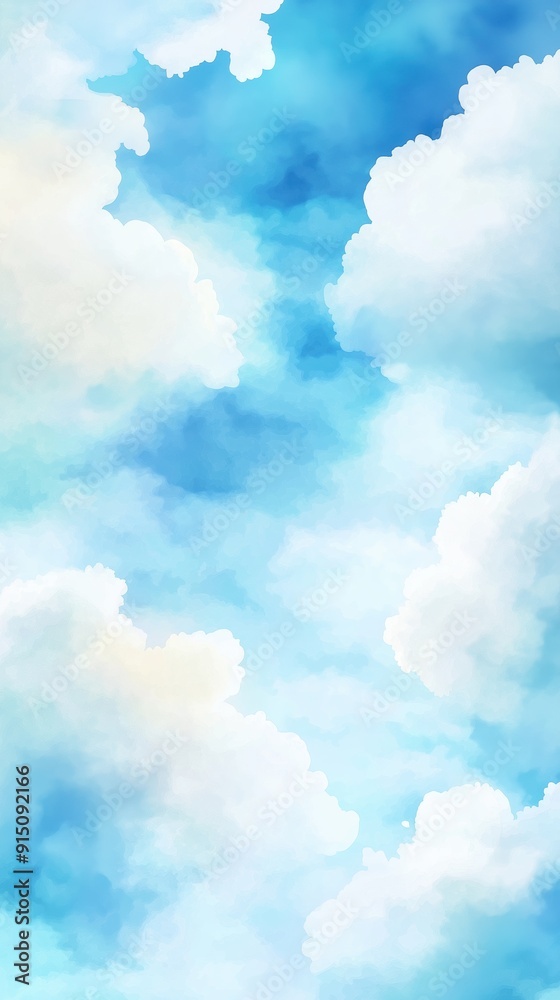 Sky with passing clouds, varying shapes, serene day, watercolor style Sky with passing clouds, varying shapes, serene day, watercolor style