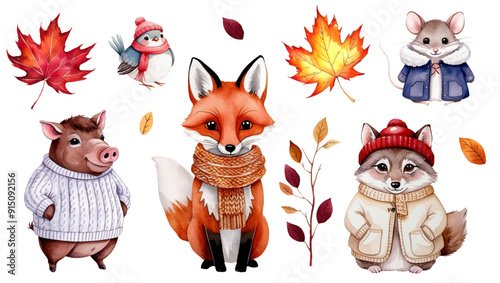 Set of watercolor woodland animals in warm clothes. Autumnal leaves. Fox, boar, wolf, mouse.
