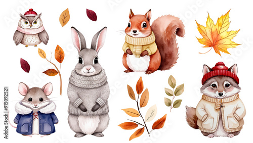 Watercolor woodland animals in warm clothes. Autumnal collection. Squirrel, owl, hare, wolf, mouse.