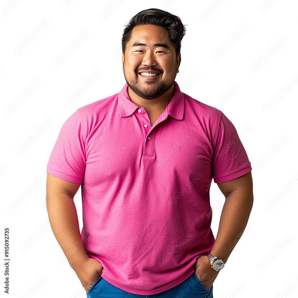 Fototapeta premium Front view mid body shot of an extremely fat 25-year-old Asian man in a hot pink polo shirt and electric blue chinos, smiling at the camera, isolated on a white transparent background