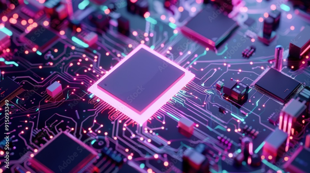 Neon Glowing Circuit Board with Processor Neon Glowing Circuit Board with Processor