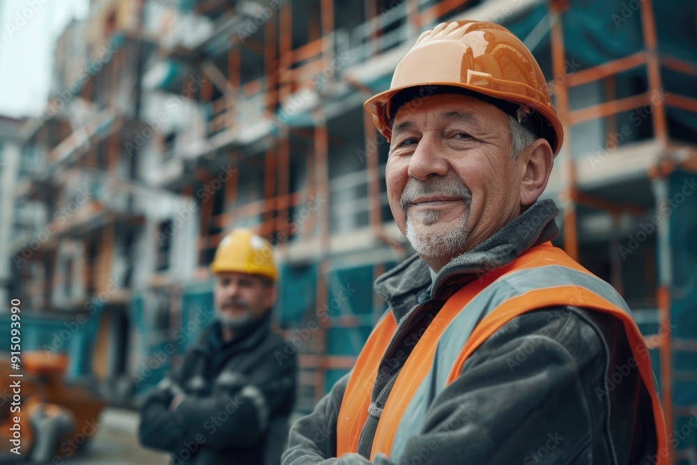 Two men in uniform standing outside a building, likely on a work site Two men in uniform standing outside a building, likely on a work site