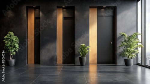Modern black and Wooden Elevator doors of office or hotel hallway  Lobby interior  corridor in house with lift Black elegant lift for passenger or cargo elevators copy space.