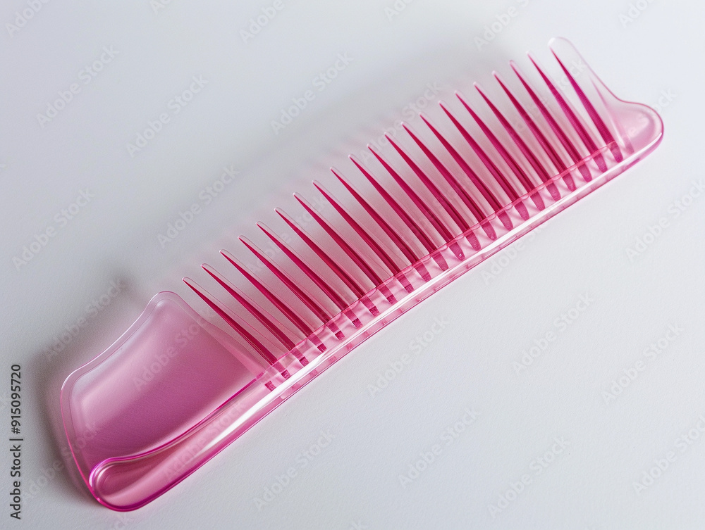 A bright pink plastic comb on a smooth surface with a simple design