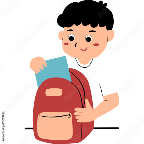 A boy prepare his books