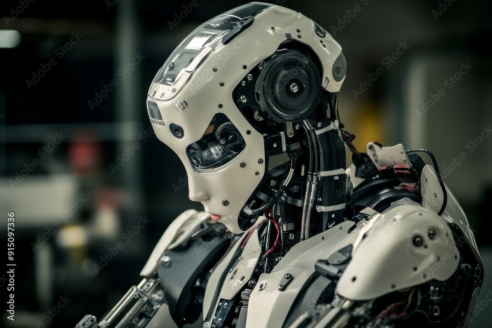 Close up of a Humanoid Robot with Black Helmet and Red Glowing Eyes Emphasizing the Advanced Engineering and High Tech Design of Modern Robotics. Close up of a Humanoid Robot with Black Helmet and Red Glowing Eyes Emphasizing the Advanced Engineering and High Tech Design of Modern Robotics.