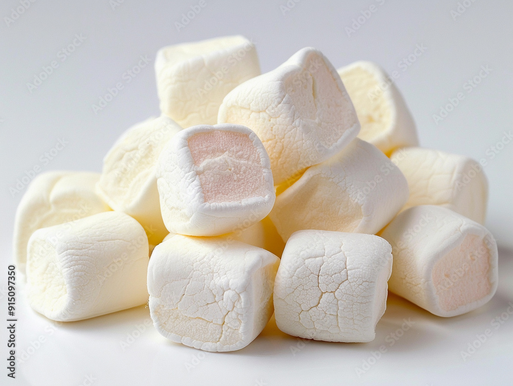 A pile of fluffy white marshmallows on a light background A pile of fluffy white marshmallows on a light background