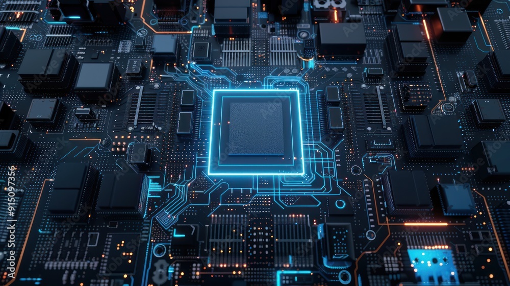 Fototapeta premium Glowing Blue Circuit Board with a Chip