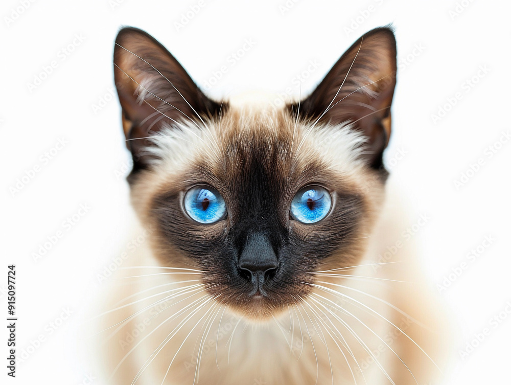 A Siamese cat with striking blue eyes sitting against a white background A Siamese cat with striking blue eyes sitting against a white background