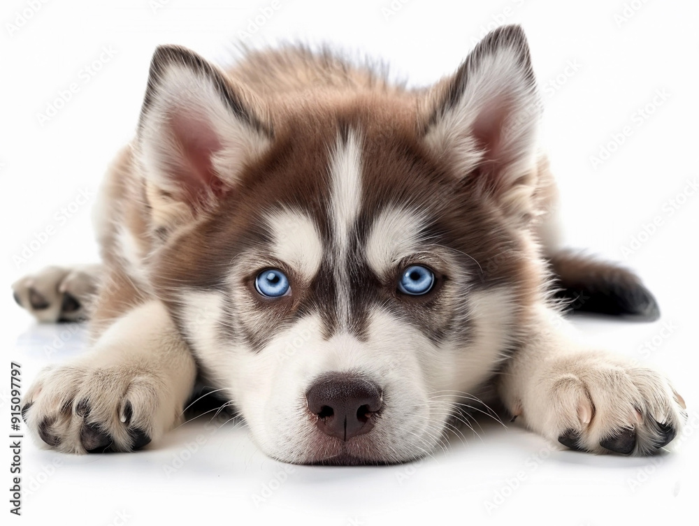 A playful husky puppy resting on a white surface with bright blue eyes and a curious expression A playful husky puppy resting on a white surface with bright blue eyes and a curious expression