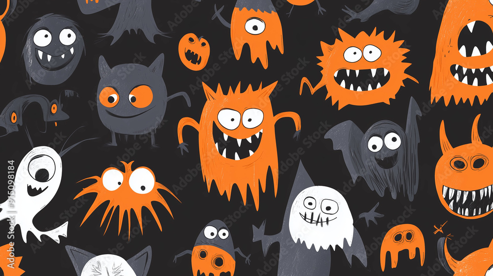 Fototapeta premium Cute ghosts and friendly monsters. Minimalist Abstract Artwork in Deep Orange, Charcoal Black, and Bright White – Perfect for Halloween-Inspired Designs.