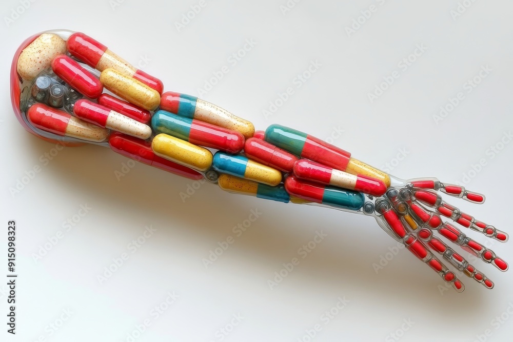 Robotic Arm Made of Colorful Capsules in a Minimalistic White Background Symbolizing the Merging of Pharmaceutical Science and Advanced Robotics. Robotic Arm Made of Colorful Capsules in a Minimalistic White Background Symbolizing the Merging of Pharmaceutical Science and Advanced Robotics.
