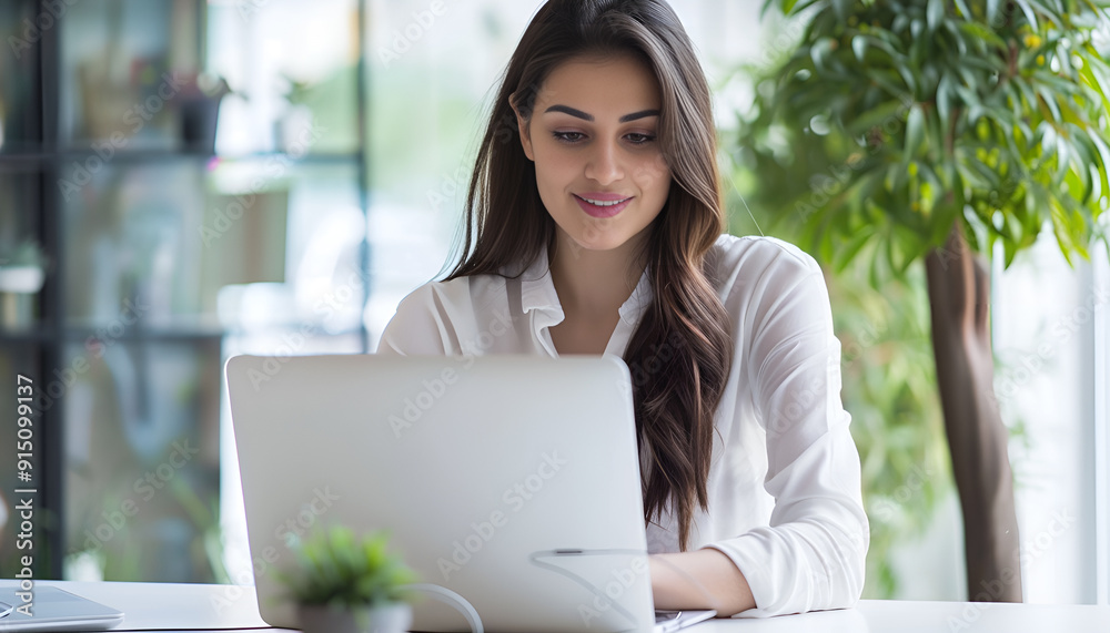 Pretty businesswoman working with laptop at table in office