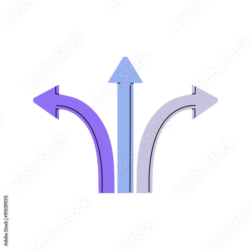 Road pointer with 3 arrows pointing direction: left, right, forward. Triple sign of fork. Option, choice of path. Split signpost showing turn of way. Flat isolated vector illustration on white