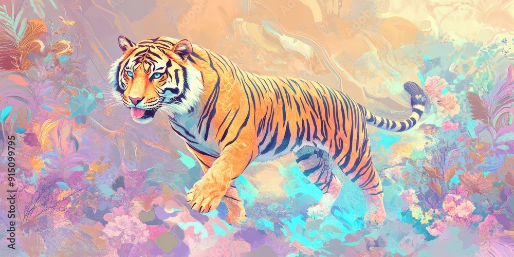Fototapeta premium Futuristic Tiger Year Celebration: Elegant Zodiac Party Poster with Geometric Floral Patterns. Stylized Regal Tiger Amidst Dreamy Pastel Hues, Blending Chinese Symbolism and Modern Design. Perfect for
