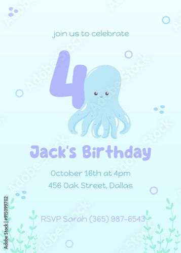 Children's under-the-sea birthday invitation. Playful marine life design for a fourth birthday with a cheerful blue octopus in soft hues
