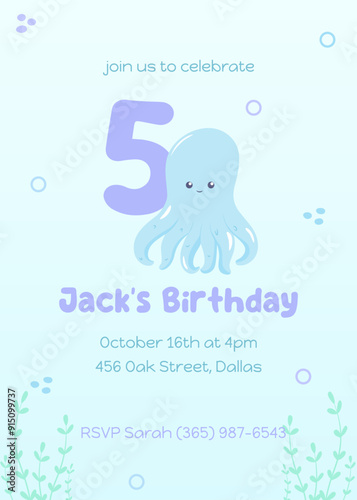 Cute ocean life fifth birthday party card. Invitation in flat style with a happy blue octopus and underwater elements in blue and purple shades.