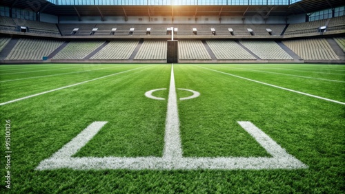 Wide Angle Perspective of Empty Football Field with White Lines - Green Grass, Stadium Seats, Sunlight - American Football, Sports, Game, Competition, Field