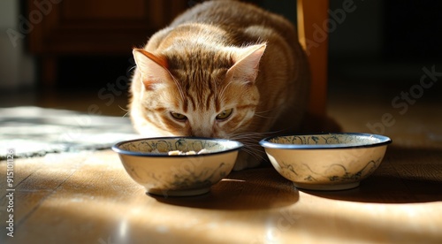 Feasting Feline: A Ginger Cat Enjoying a Meal from Two Bowls on the Floor, Capturing the Pet's Focused and Contented Expression During Feeding Time. photo