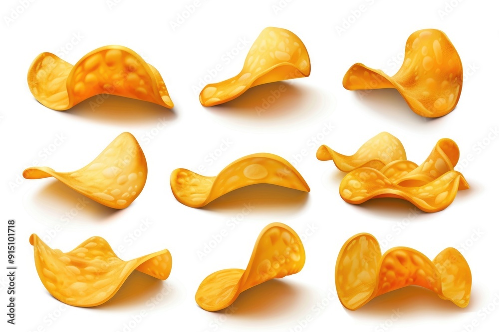A collection of potato chips on a white surface, ideal for use in food photography or illustrations A collection of potato chips on a white surface, ideal for use in food photography or illustrations