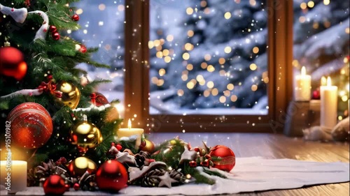 Christmas tree with ornaments and candles in snowy winter scene.