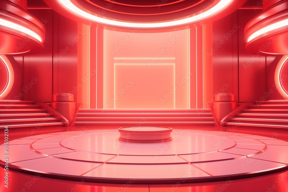 Red futuristic room with circular platform, neon lights, and stairs. Red futuristic room with circular platform, neon lights, and stairs.