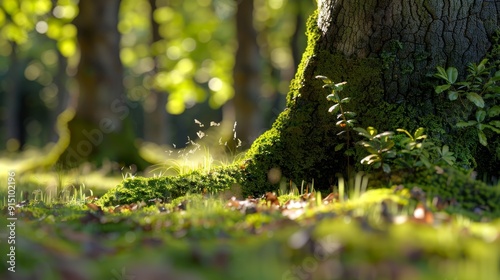 Sunlight Filtering Through Trees Illuminating Mossy Forest Floor