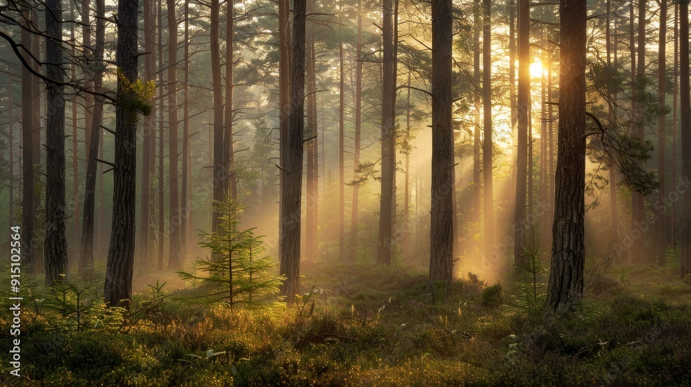 Fototapeta premium Sunrise through the Trees in a Misty Forest