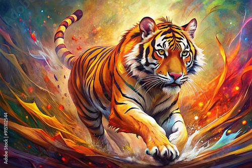 A tiger is aggressively moving forward. Color full tiger, generated by AI