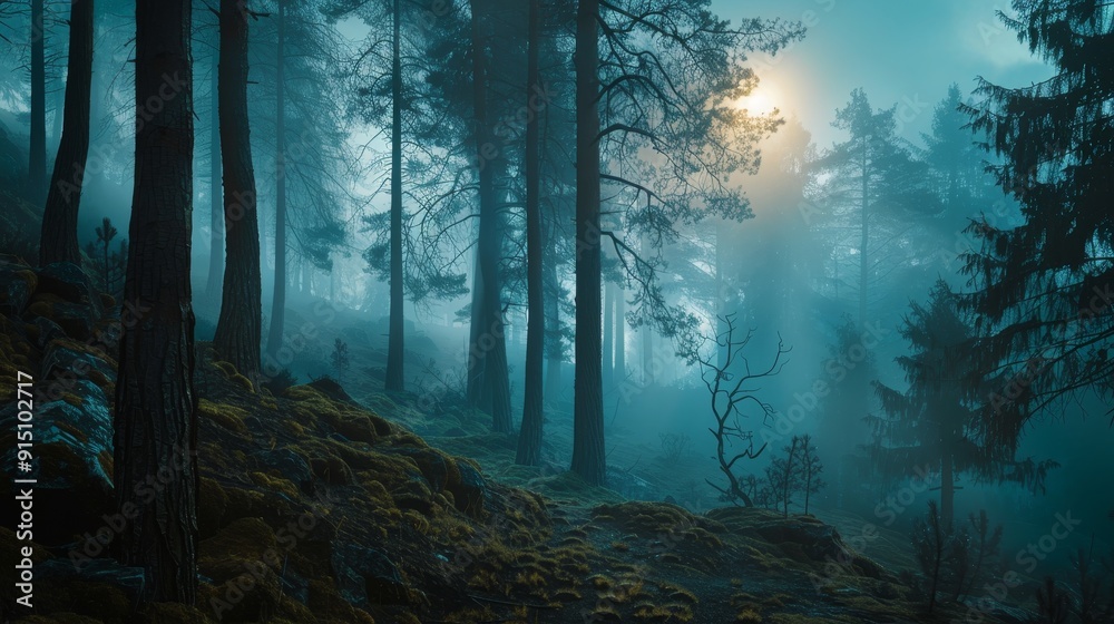 Obraz premium A Mystical Forest Path shrouded in Fog and Moonlight