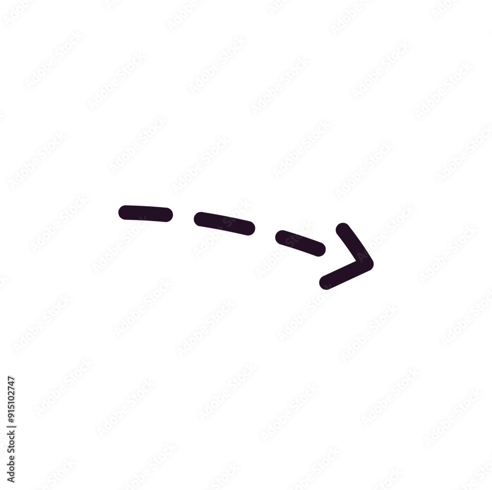 Dashed arrow in doodle style pointing direction. Simple dot line with cursor showing route. Way pointer, geometric shape, sign guides path. Flat isolated vector illustration on white background Dashed arrow in doodle style pointing direction. Simple dot line with cursor showing route. Way pointer, geometric shape, sign guides path. Flat isolated vector illustration on white background
