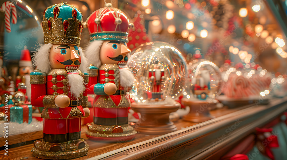 Fototapeta premium A whimsical display of nutcracker figurines, colorful candy canes, and sparkling snow globes, capturing the magic of the season