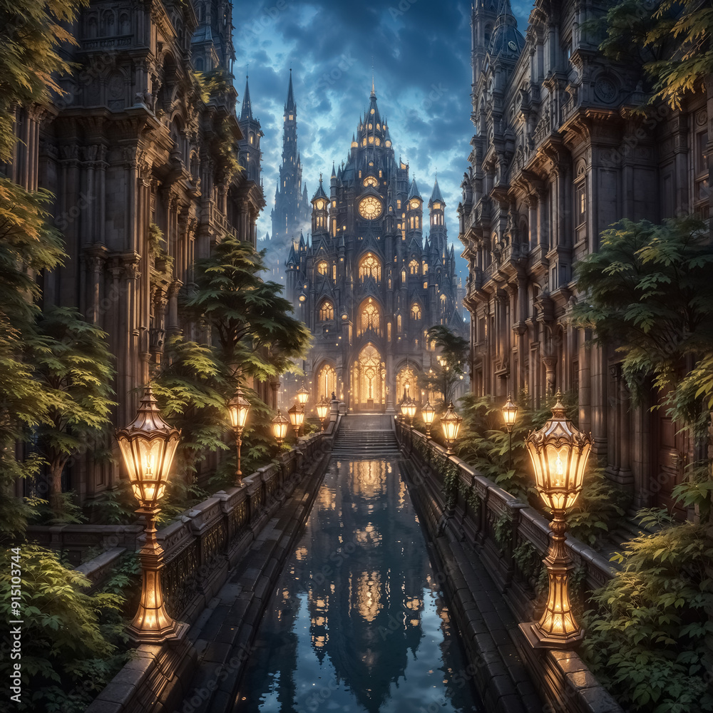Fototapeta premium city at night, garden lights and lanterns, street lighting