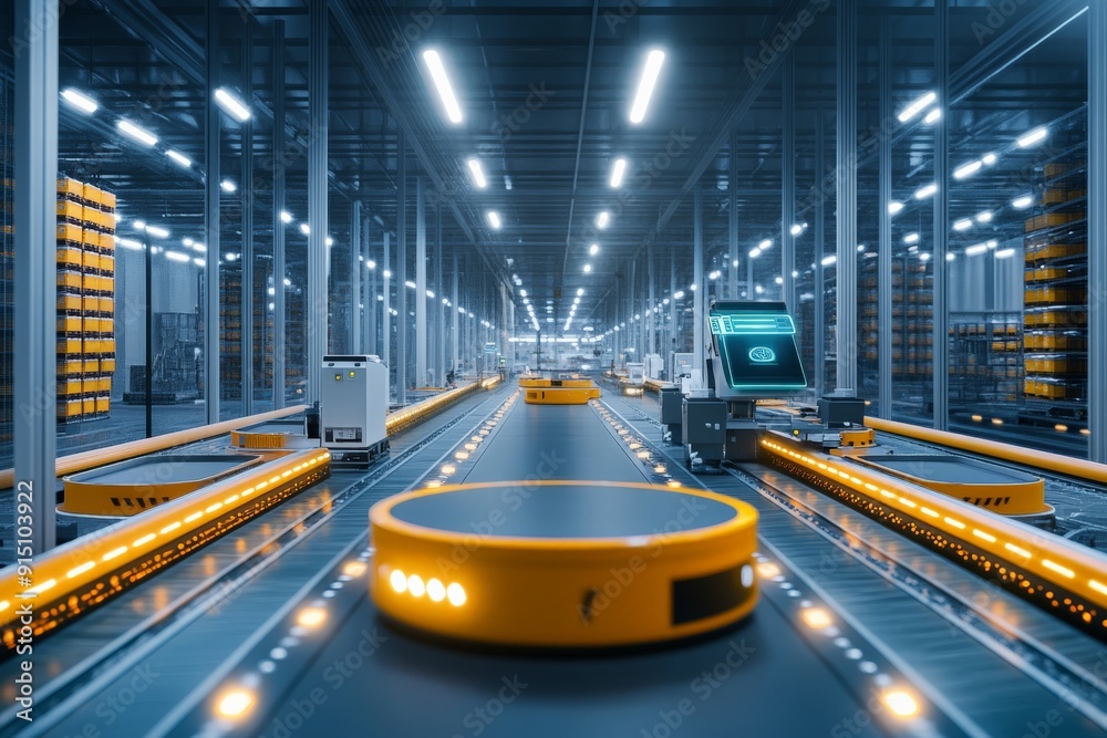 Automated warehouse with robots transporting goods on conveyor belts, illuminated by bright lights in a modern facility. Automated warehouse with robots transporting goods on conveyor belts, illuminated by bright lights in a modern facility.